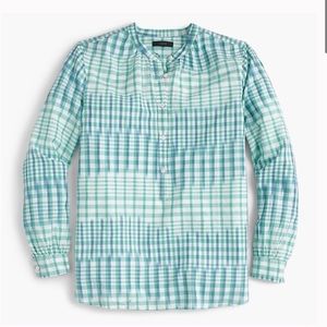 New J.Crew Popover in Gingham Ikat Shirt Turquoise Plaid Cotton Size 2